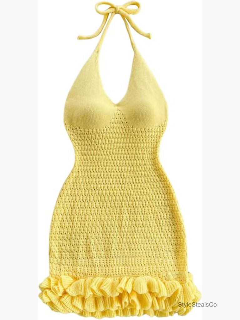 Crochet Halter Knit Bubble Mini Dress Vacation Outfit